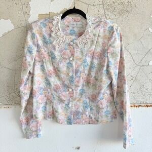 Vtg 90s Blazer Pastel Floral Jacket Lace Collar Retro Cottagecore Womens M USA
